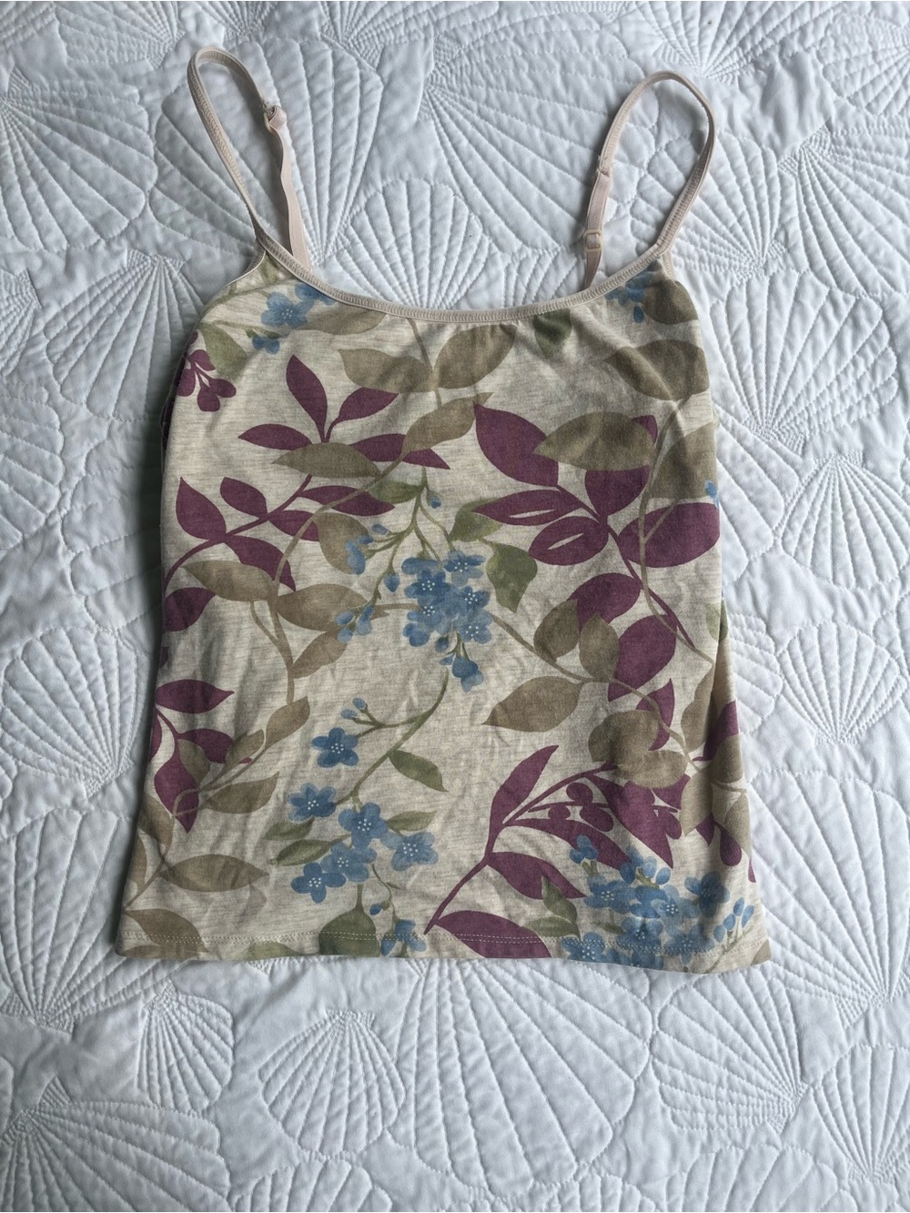 Beige Floral Spaghetti-Strap Tank Top with Purple & Blue Accents